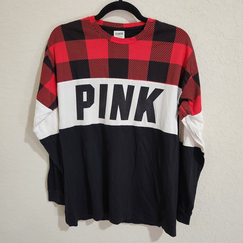 VS PINK Red and Black Plaid College Girl Oversized Tee Size - Small